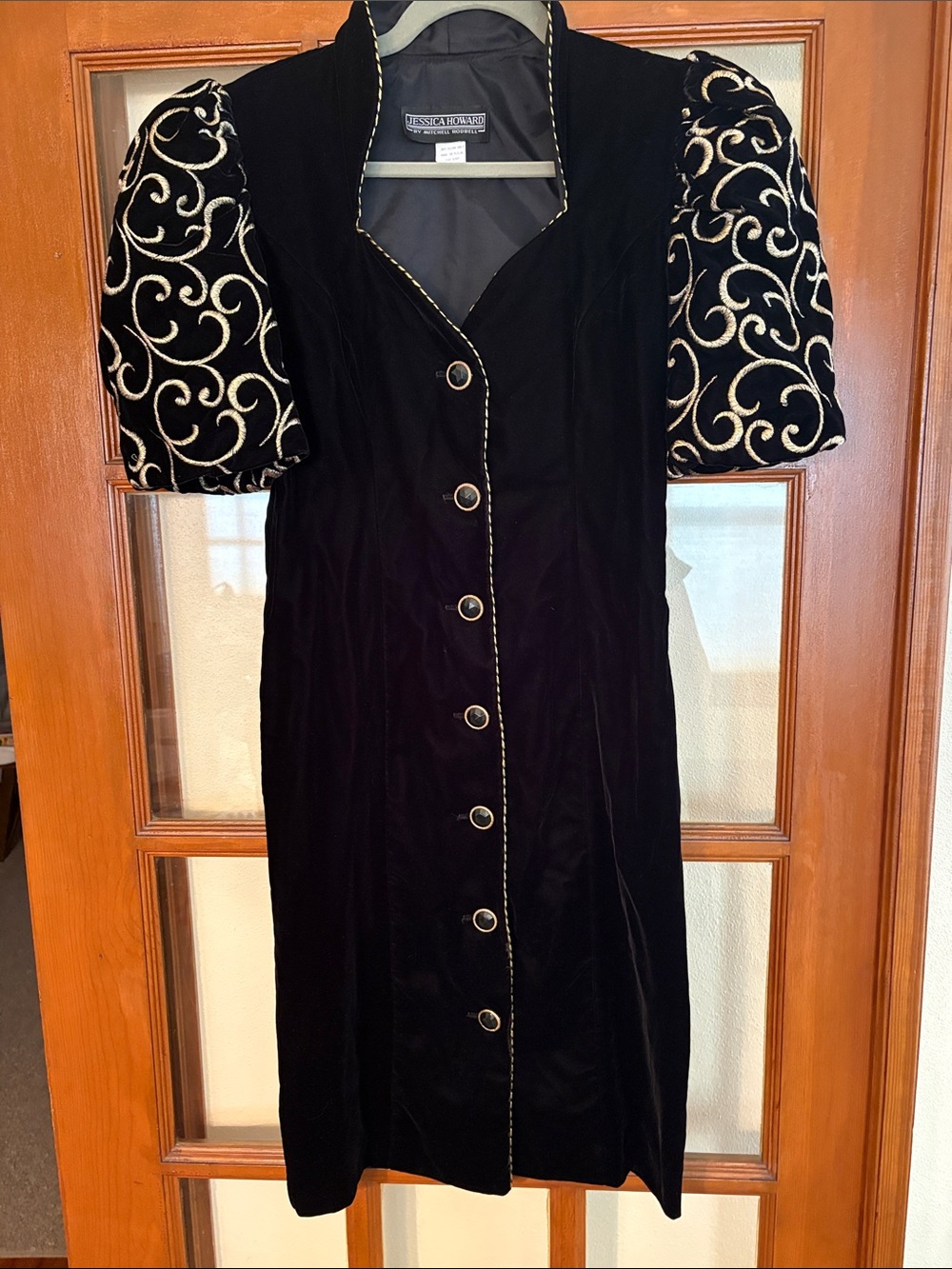 Jessica Howard Black Velvet Midi Dress with Gold Embroidered Puff Sleeves